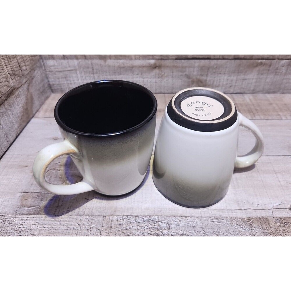 TWO (2) SANGO Nova Black Coffee Mug Cups #4932 Black Sand & Cream